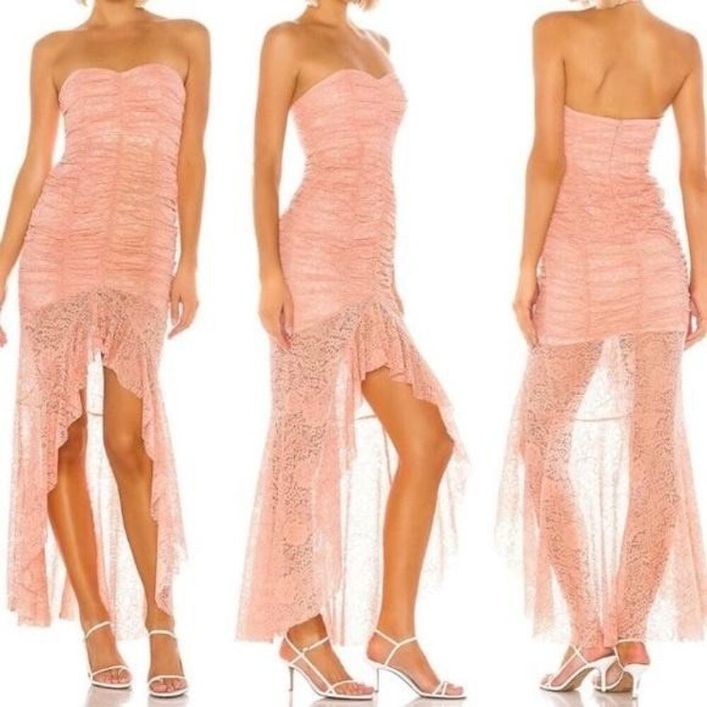 NBD Dainty Lace Gown Dress Womens XS Pink Floral Strapless Ruched Ruffle